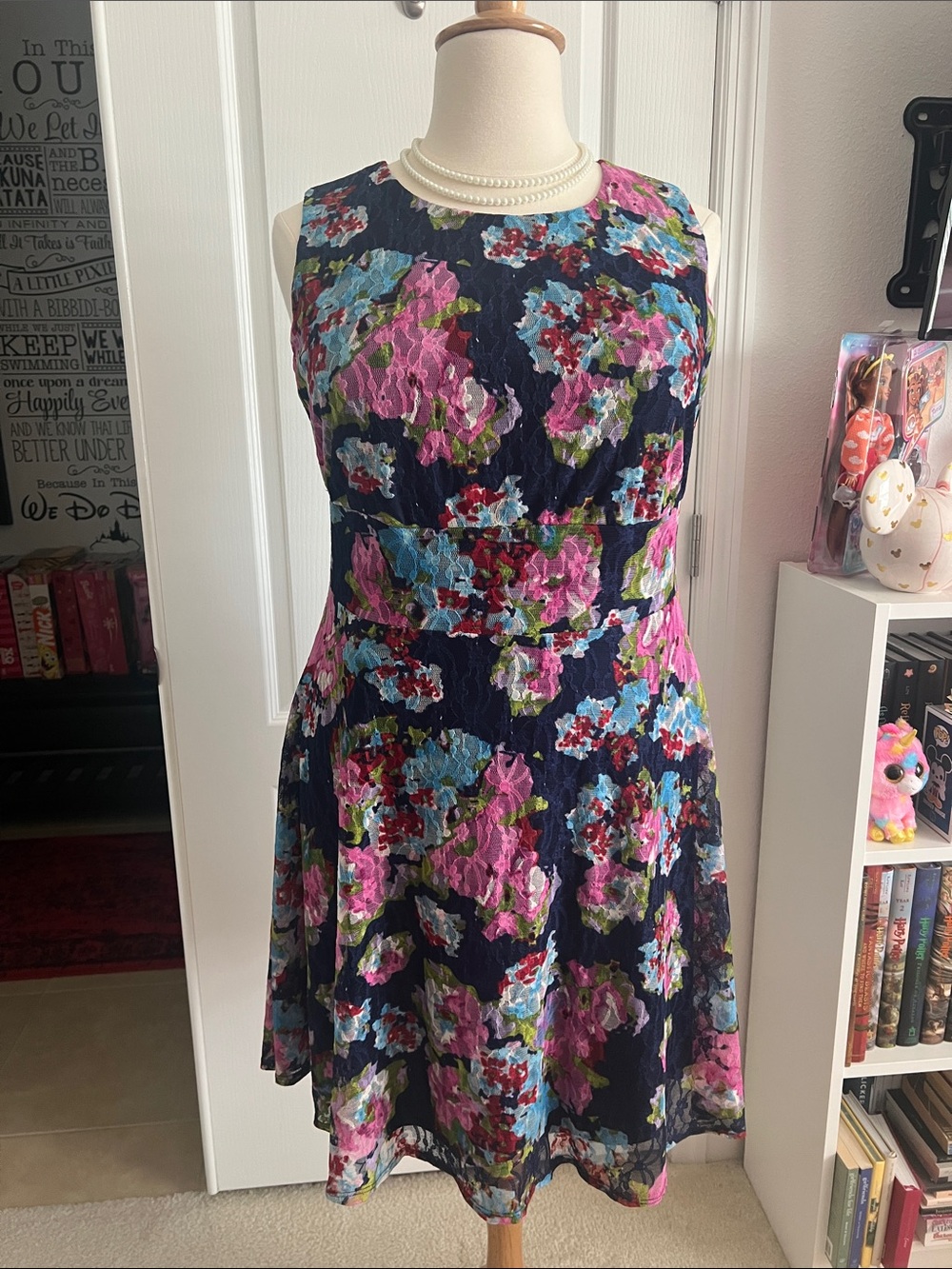 Tiana B. Navy Floral Fit & Flare Dress with Pink and Blue Blooms